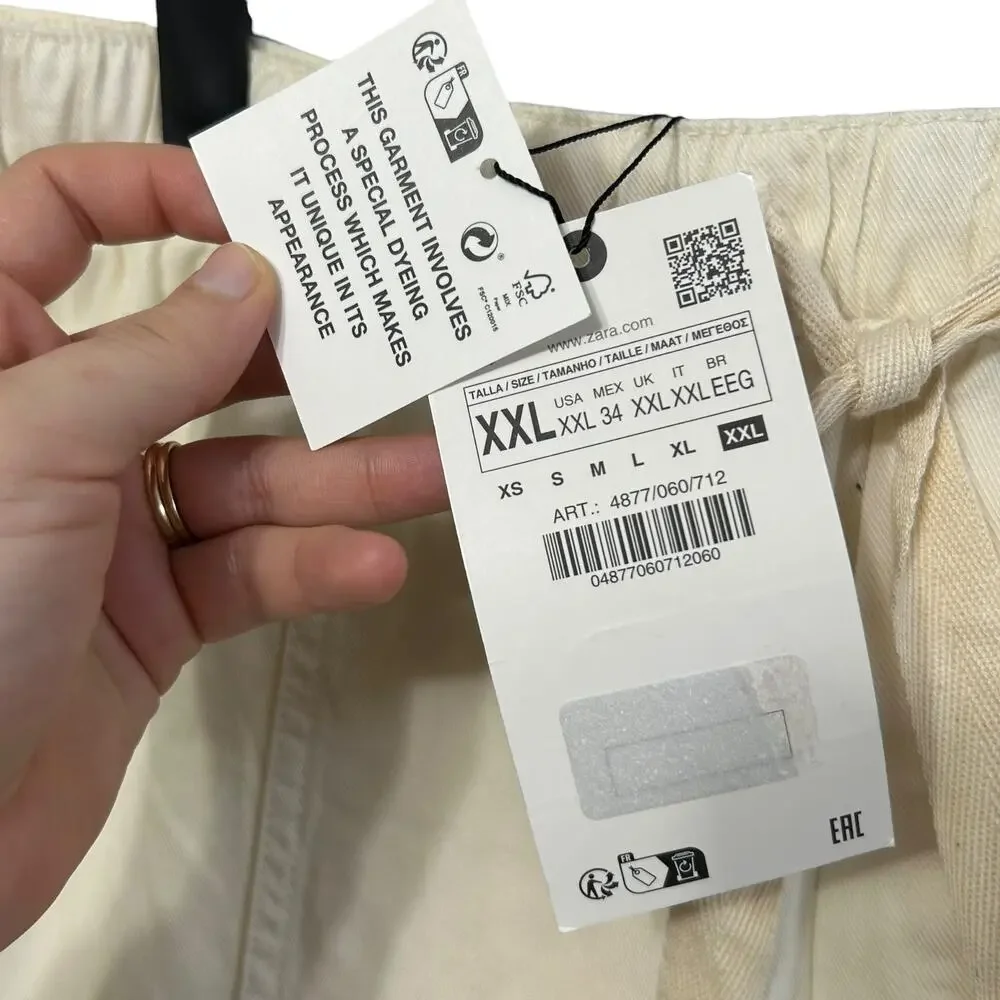 Zara High-Waisted Balloon Trousers NWT Womens Sz XXL Oyster White Cotton Linen